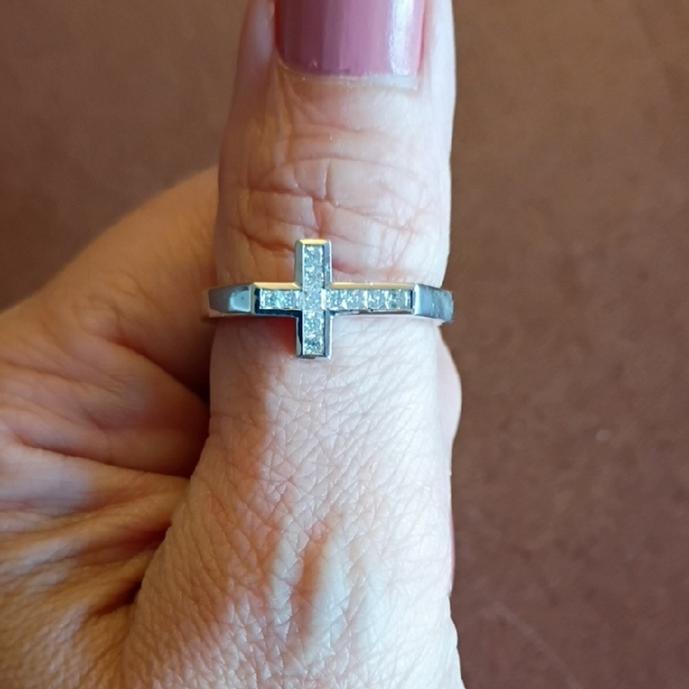 Moissanite Sterling Silver Cross Ring, 9.5